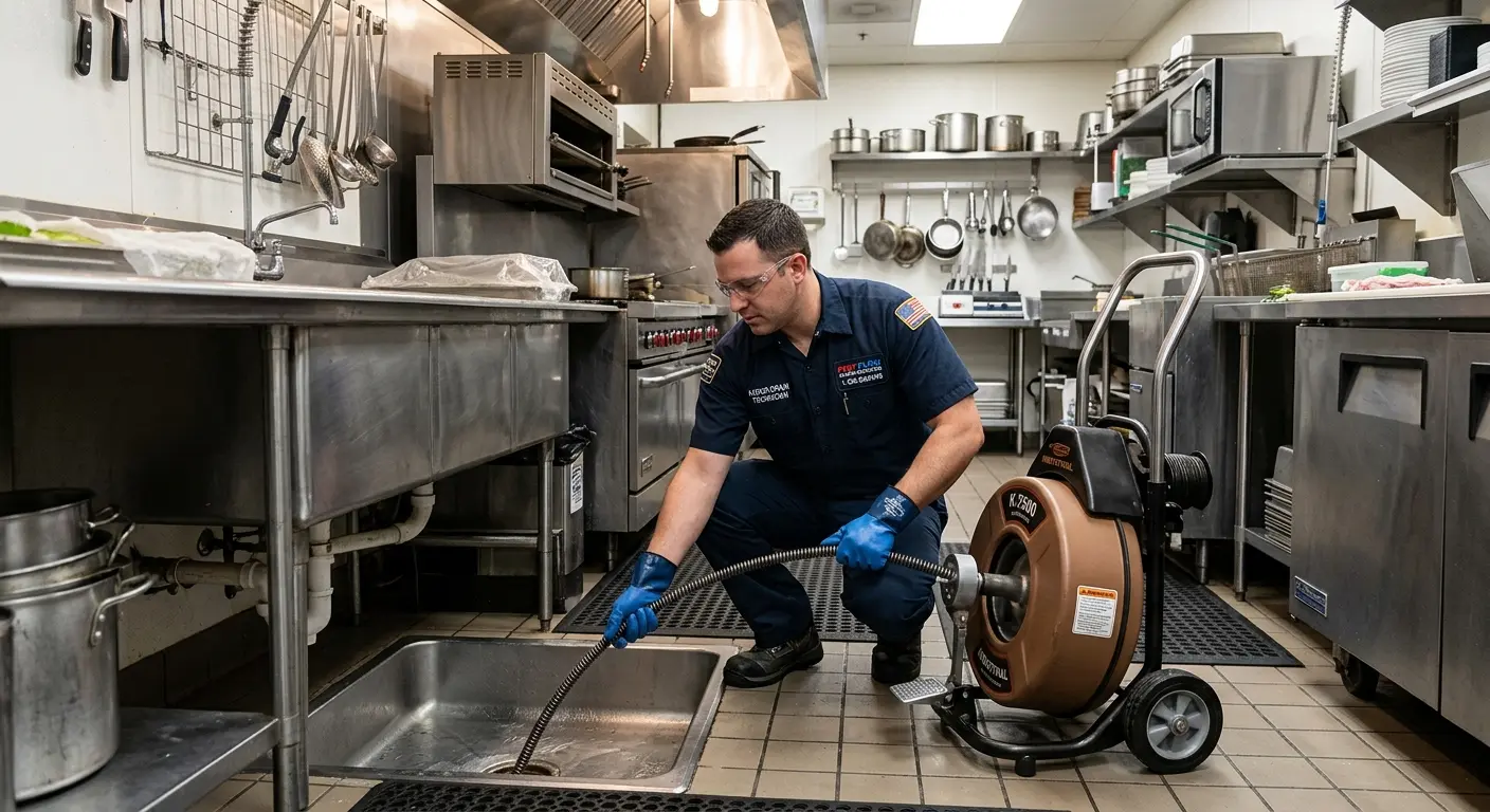 Commercial drain cleaning service in a restaurant kitchen in Silver Lake