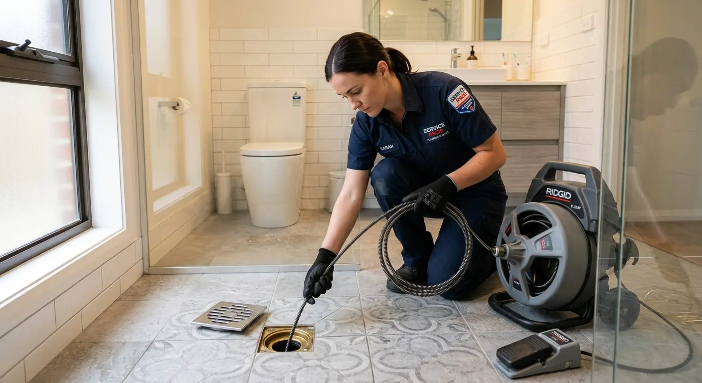 Technician clearing a bathroom floor drain for Hydro Jetting in Silver Lake